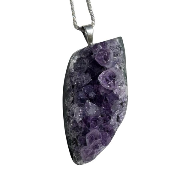 Amethyst Druzy Natural Hand Cut Pendant Sterling Silver 925 Chain - Picture 1 of 6